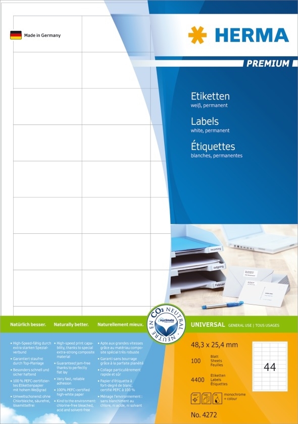 HERMA Premium Etiketten A4 100 Bögen 48,3 x 25,4 mm, 4400 Stück.