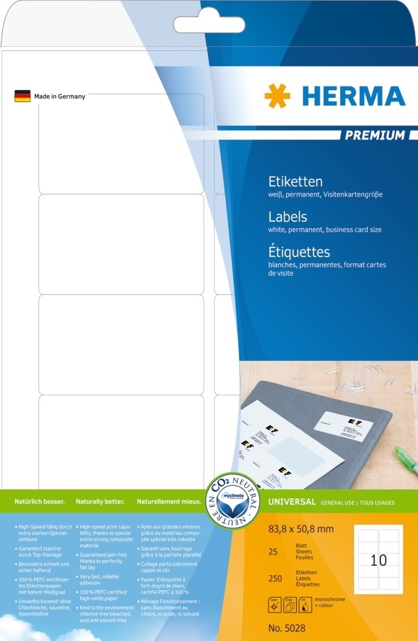 HERMA Premium Etiketten 83,8 x 50,8 mm, 250 Stück.