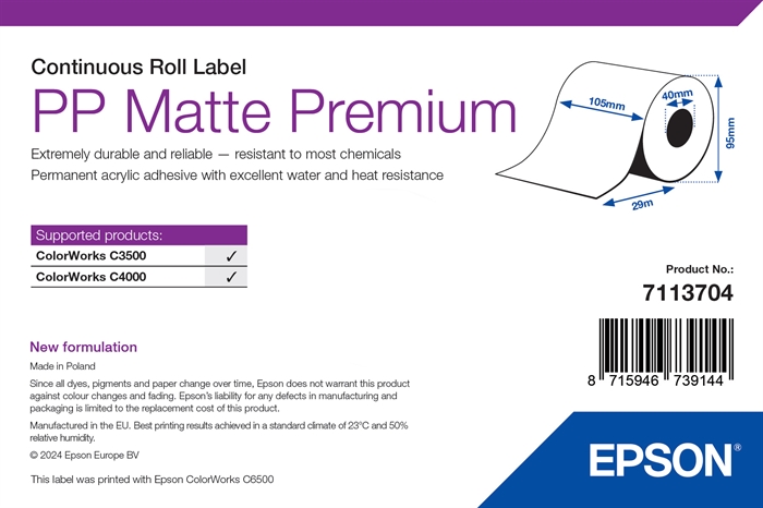 Epson PP Matt Etikett Premium, Endlosrolle, 105mm x 29m