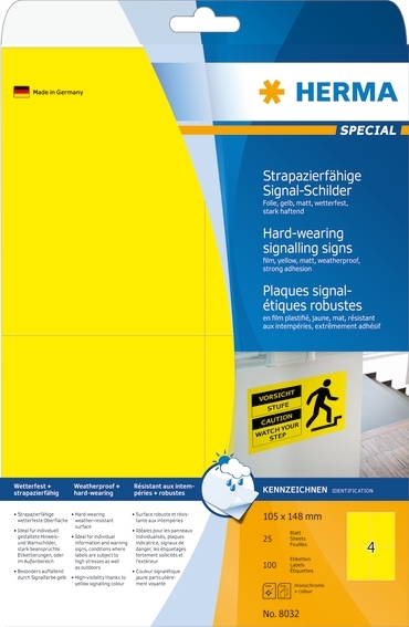 HERMA Etikettenfolie extrastark 105 x 148 mm, gelb, 100 Stück.